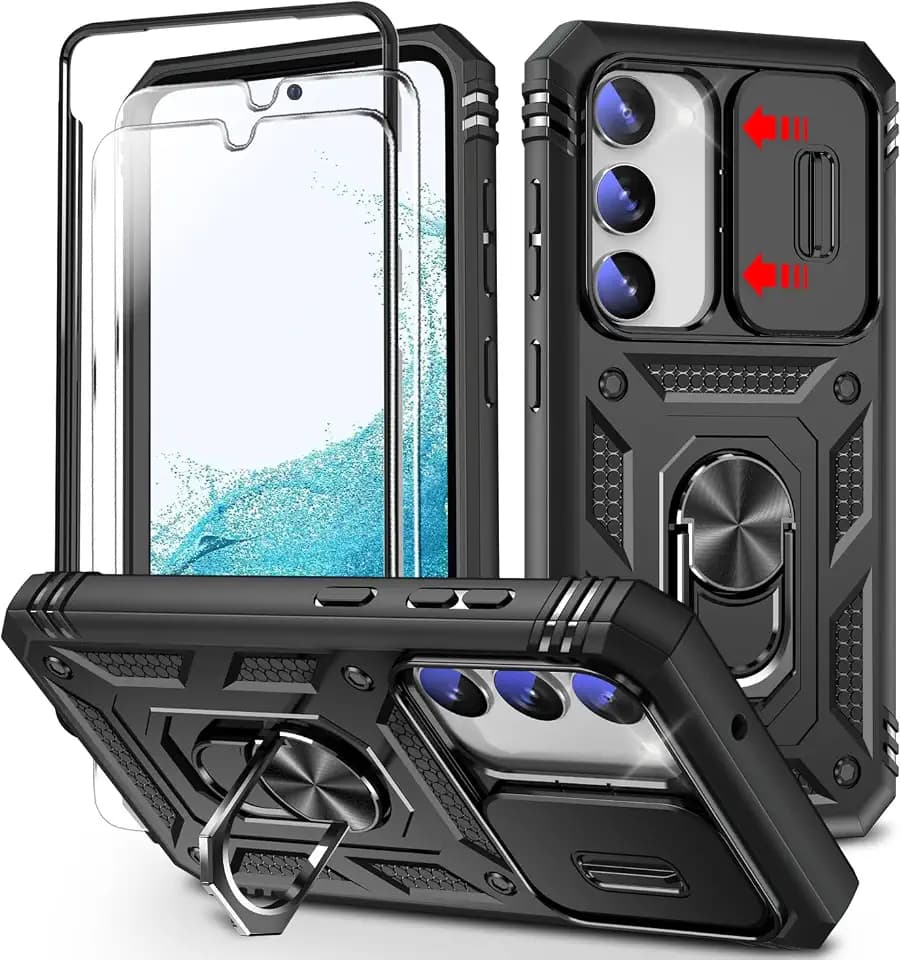 YmhxcY for Galaxy S23 Case with Camera Cover Slider, 2*Screen Protectors,Build in 360° Rotating Ring Kickstand, Military Grade Protective Case for Samsung Galaxy S23 6.1-Black