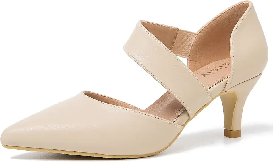 Women's Pointed Toe Kitten Heel Pumps, Elastic Strap Dress Shoes, Slip On Professional Office Wear