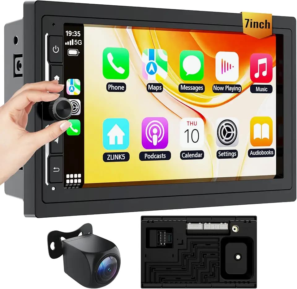 Haudio 7-Inch Car Stereo with Knob, Wireless CarPlay & Android Auto Android 13 Double-DIN-Style Head Unit: 2GB+32GB, 1024x600 IPS, GPS, DSP, SWC and Included 720P AHD Backup Camera