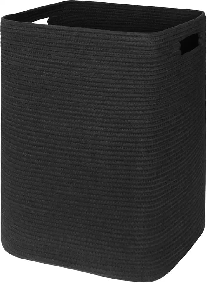 MEGASKET Large Laundry Hamper 16"x13"x22" - Tall Woven Laundry Basket, Cotton Rope Dirty Clothes Hamper, Baby Kids Nursery Wicker Laundry Basket, Bedroom Aesthetic, Soft Laundry Bin, Black Hamper, 75L