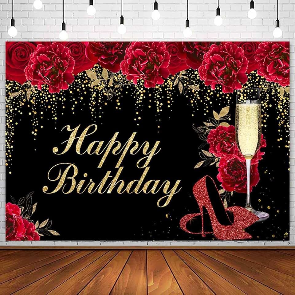 Sensfun 7x5ft Red Floral Birthday Backdrop Magenta Flowers High Heels Birthday Party Decorations Glitter Gold Dots Women Happy Birthday Banner Photoshoot Photography Background Party Supplies