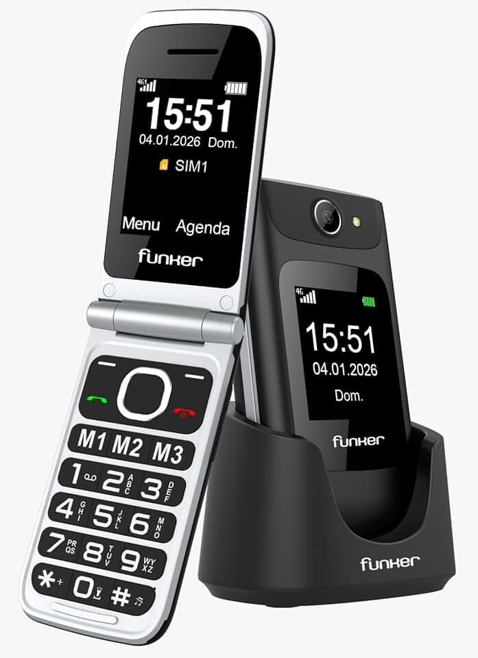 Funker C250 Comfort Power 4G Klapphandy für Senioren, Ladestation, kontrastreiche Tastatur, SOS-Taste, einfache Bedienung, 3 direkte Speicherplätze, 1450-mAh-Akku, Schwarz