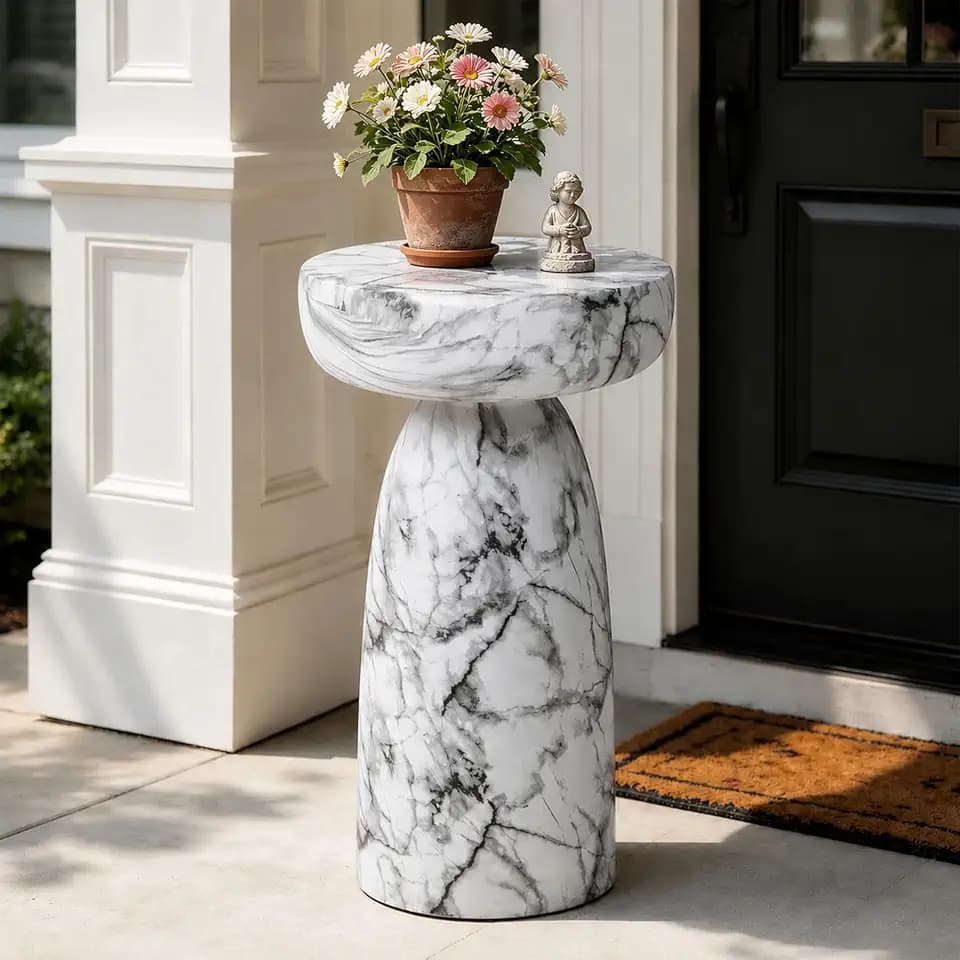 Faux Marble Side Table, 24Inch Outdoor End Table Pedestal