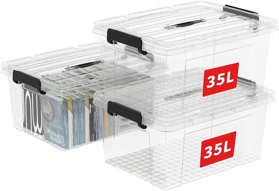 Cetomo 35L*3 Aufbewahrungsboxen, Tragbare Plastikboxen mit Deckeln, Organizer-Behälter mit Griff und Clips, Stapelbar, Ineinander Nestbar, für Zuhause und Büro, Transparent, 35L-3er Pack