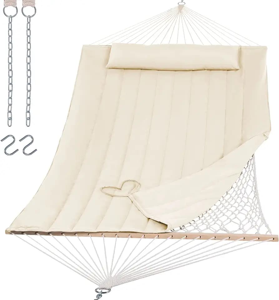 SUNCREAT 2 Person Hammock with Hardwood Spreader Bar, Outdoor Rope Hammock with Polyester Pad, 475 lbs Capacity, Beige