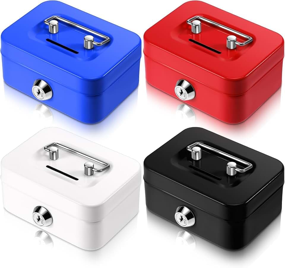 Tandefio 4 Pcs Small Cash Box with Lock and Slot Mini Metal Money Box for Cash Coin Piggy Bank Portable(Blue,Red,Black.white)
