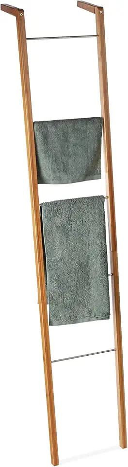 Relaxdays Leiterregal aus Bambus, Handtuchhalter, Natur