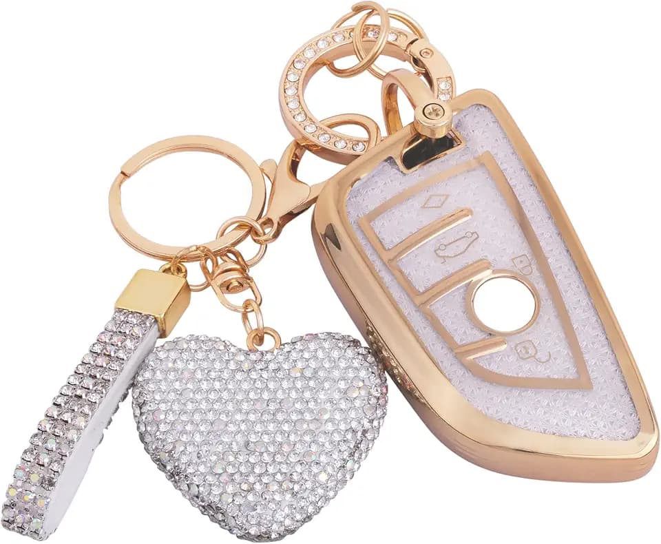 Compatiable with BMW key fob cover with Diamond Bling Keychain, Car Accessories Key holder Shell Compatiable with BMW X1 X2 X3 X5 X6 X7 GT and Series 2 3 4 5 6 7 8,Gold Clear