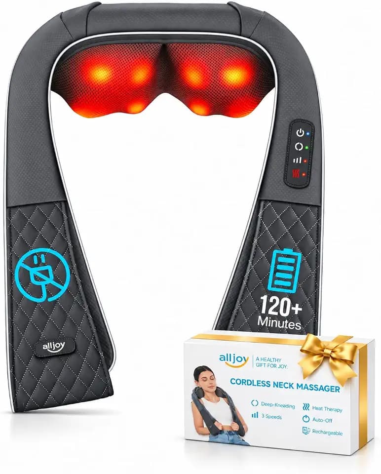 ALLJOY Kabelloses Nackenmassagegerät mit Wärme, Shiatsu 4D-Deep-Knetmassage