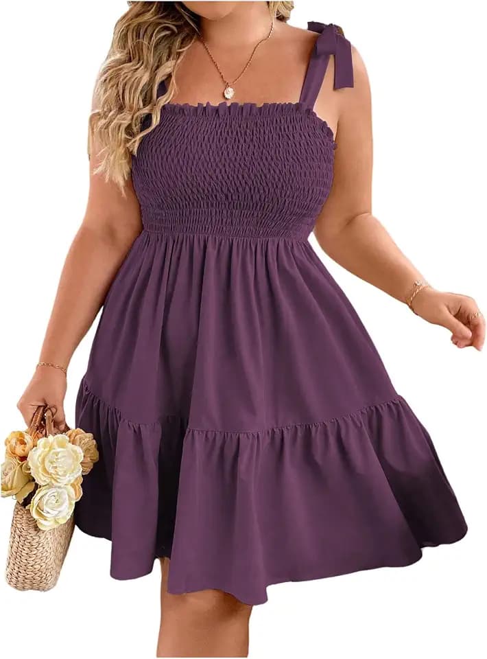 Floerns Women's Plus Size Summer Knot Tie Shoulder Ruffle Straps Flounce Flowy Smocked Sundress Shorts Dress