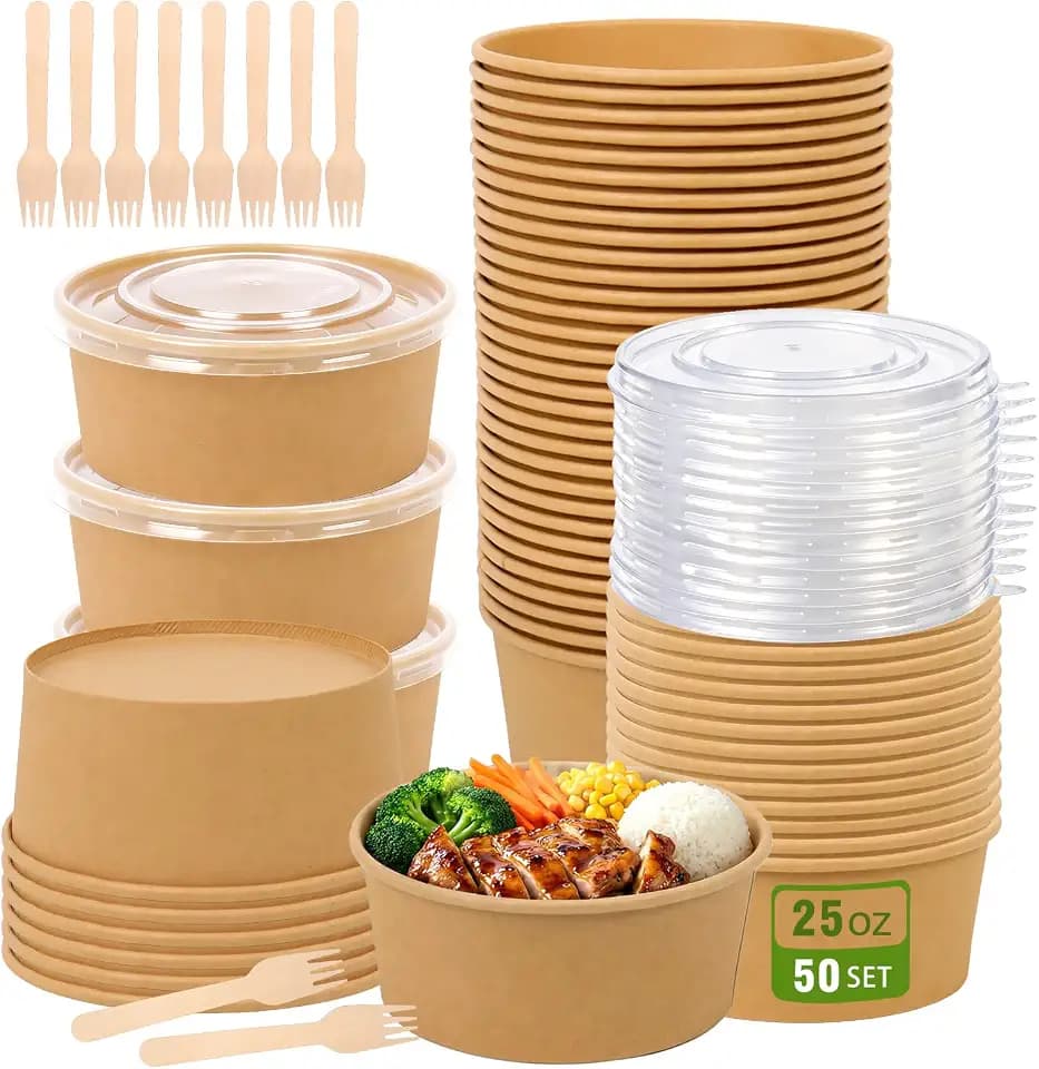 50 Pcs 25 oz Large Paper Bowls with Lids, Disposable Meal Prep Containers, Disposable Soup Bowls for Hot/Cold, Microwavable and Freezer Storage Use Cardboard Food Containers