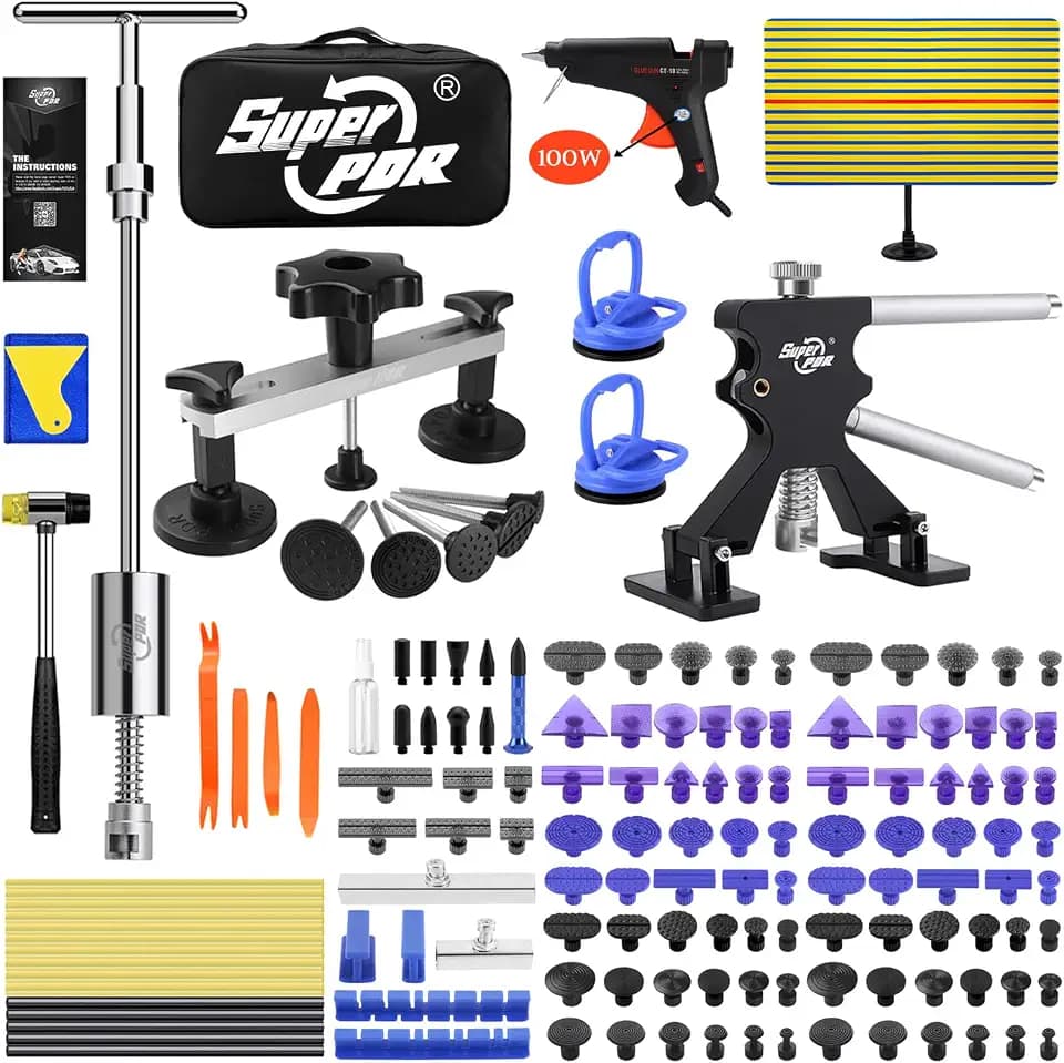 Super PDR 169PCS Dent Puller Kit Paintless Removal Set with 100W Glue Gun and Slide Hammer - for Repairing Car Dents Hail Damage and Door Dings on Auto Body Surface Washing Machine Fridge