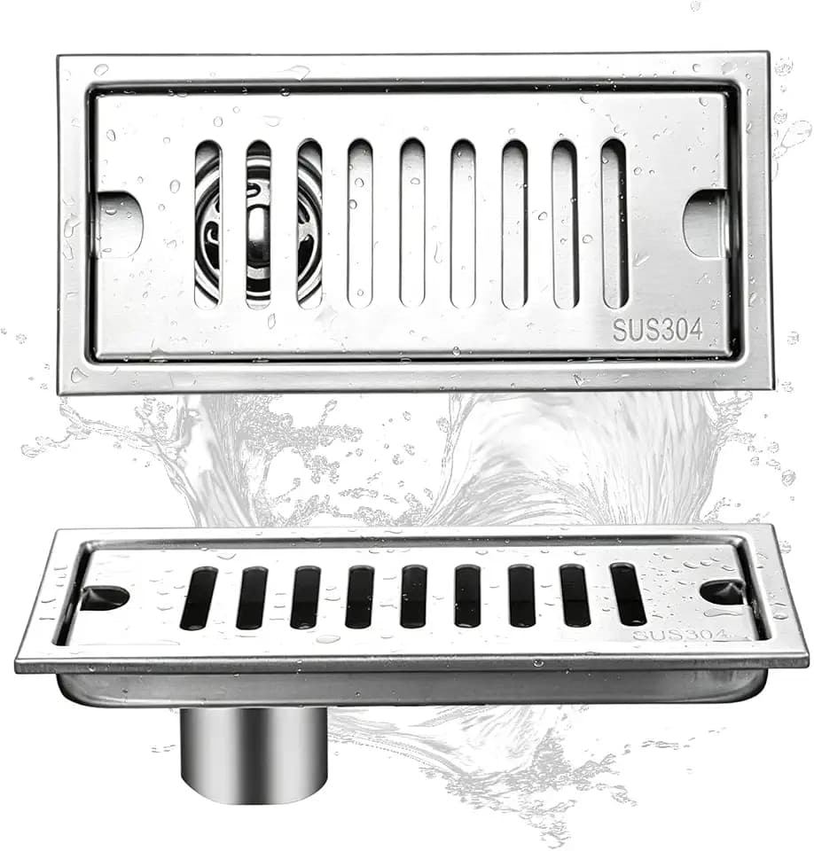 Tissting Bodenablauf, 20 x 10 cm Silber Rechteckige Bodenspüle mit Edelstahlrost, Bodenablauf mit Geruchsverschluss, Shower Drain Hair Catcher für Toilette Badablauf Küche BalkonSide Drainage, 20cm