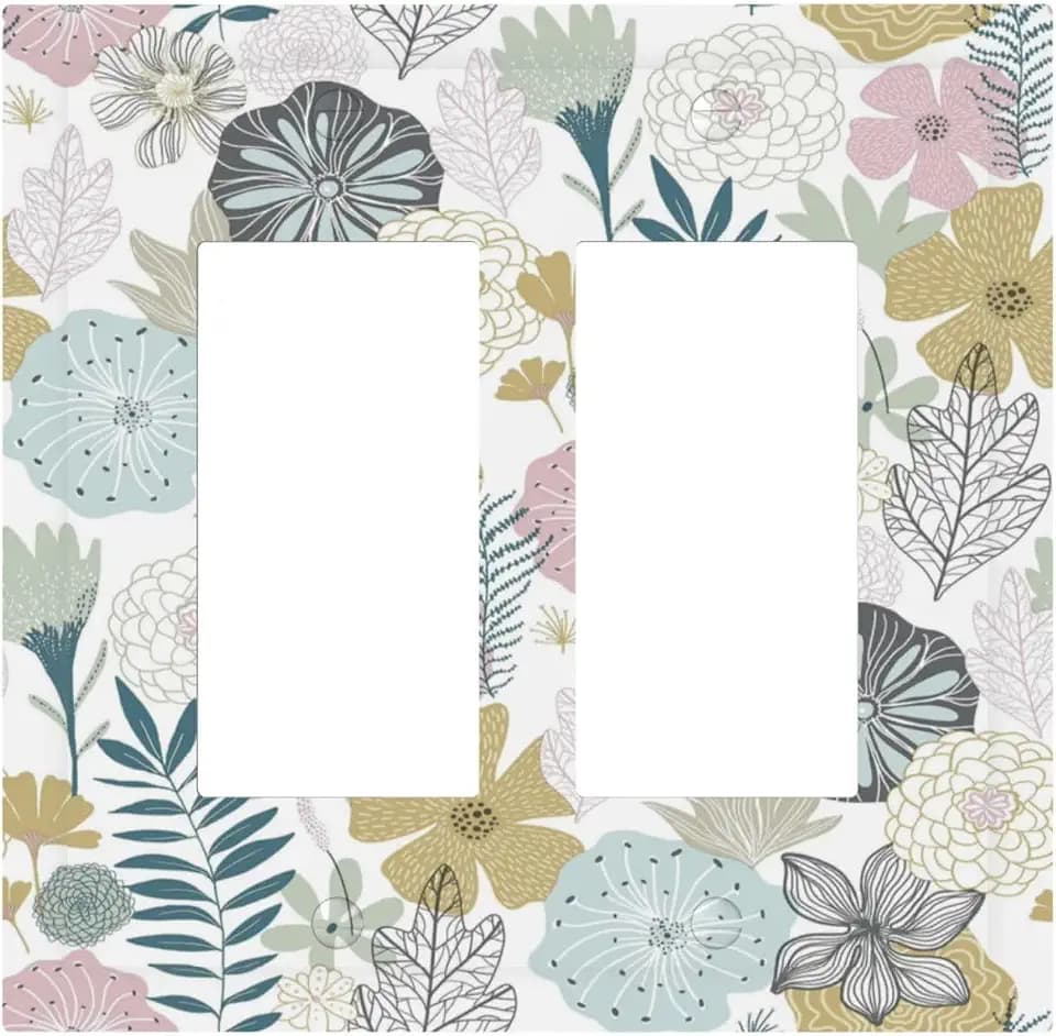 Modern Floral Boho Flower Watercolour Leaf Decorative Outlet Covers 2 Gang Double GFCI Rocker Electrical Wall Panels Light Switch Cover Plate for Bedroom Living Room Decor