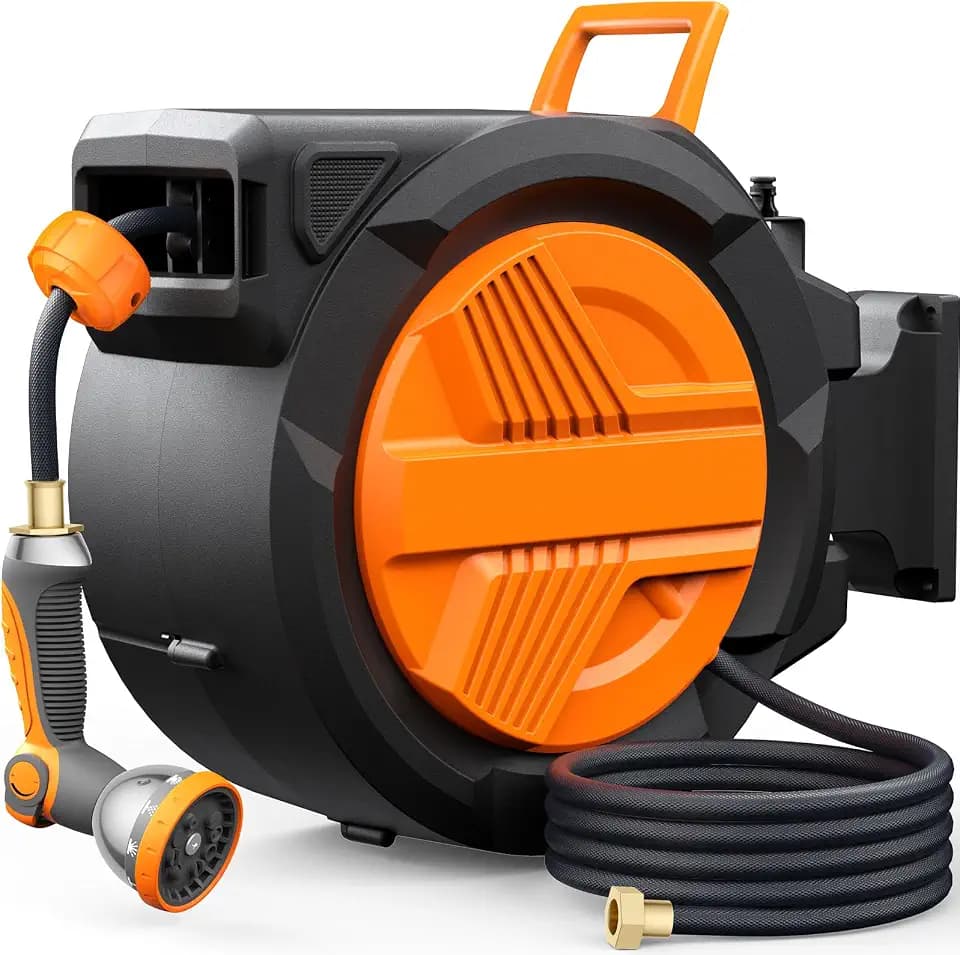 Retractable Garden Hose Reel 1/2” x 100ft, Auto Rewind Hose Reels for Outside, Heavy-Duty Wall-Mounted Outdoor Hose, 10-Mode Nozzle, Adjustable Length, 180° Rotation for Watering, Car Washing