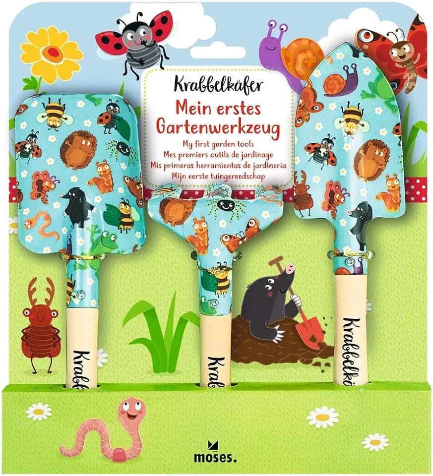 moses. 16142 Krabbelkäfer Mein erstes Gartenwerkzeug, 3-teiliges Garten-Set für Kinder, bestehend aus,Gartenschaufel, Handspaten und und Unkrautharke, bunt