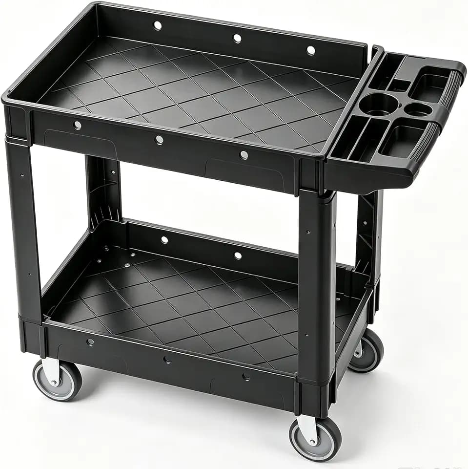 VEVOR Utility Service Cart, 2 Shelf 550LBS Heavy Duty Plastic Rolling Utility Cart, Medium Lipped Shelf, 360° Swivel Wheels, Ergonomic Storage Handle for Warehouse Garage, Black