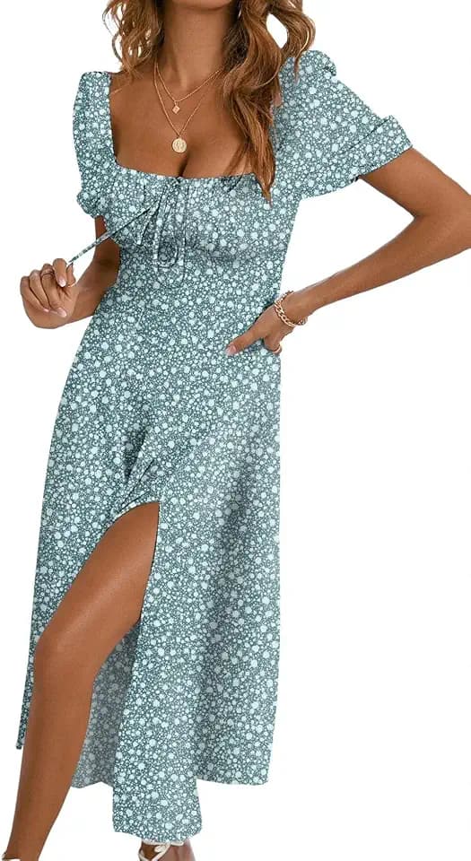 BLENCOT Womens Casual Summer Square Neck Short Sleeve Split Thigh Cotton Dress Boho Floral Print Tie Front Midi Dresses