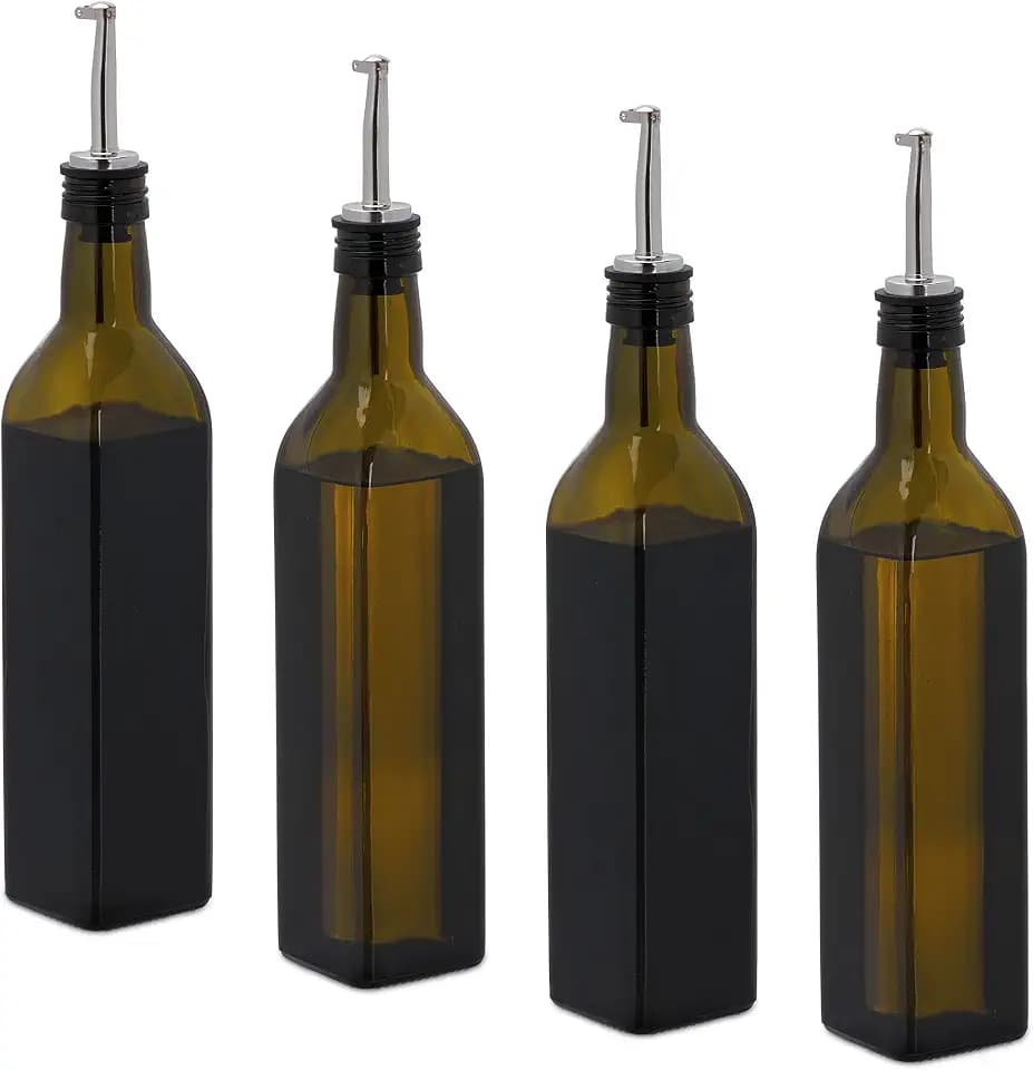 Relaxdays Essig- und Ölspender Set, 4 Glasflaschen, 500 ml, Ausgießer, Olivenöl & Vinaigrette, Leere Ölflaschen, braun
