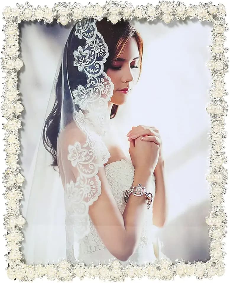 8x10 Picture Frame with Pearl for Wedding, Silver Plated Photo Frames with High Definition Glass Frames with Rhinestones, 8x10 Photo Frame for Wedding Gift, Tabletop or Wall Mounting Display for
