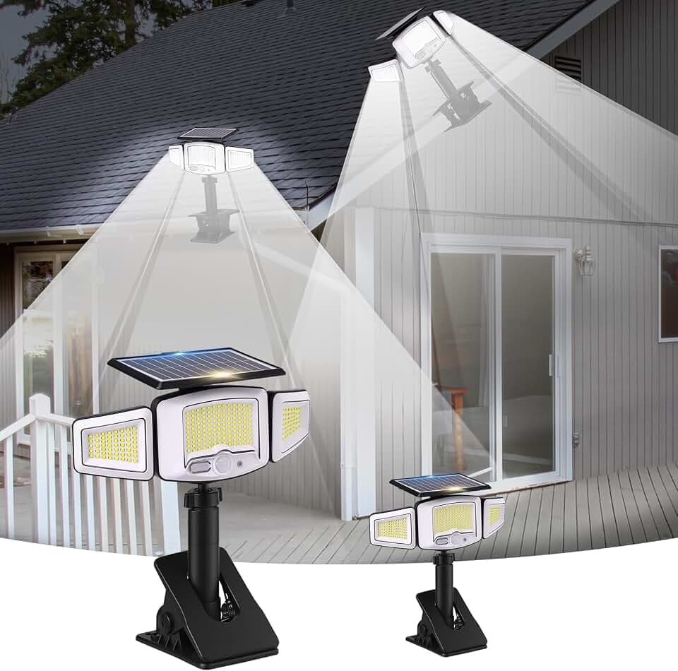 1000LM Clip on Solar Lights with 3 Heads, 360°Angle Lighting (2 Pack)