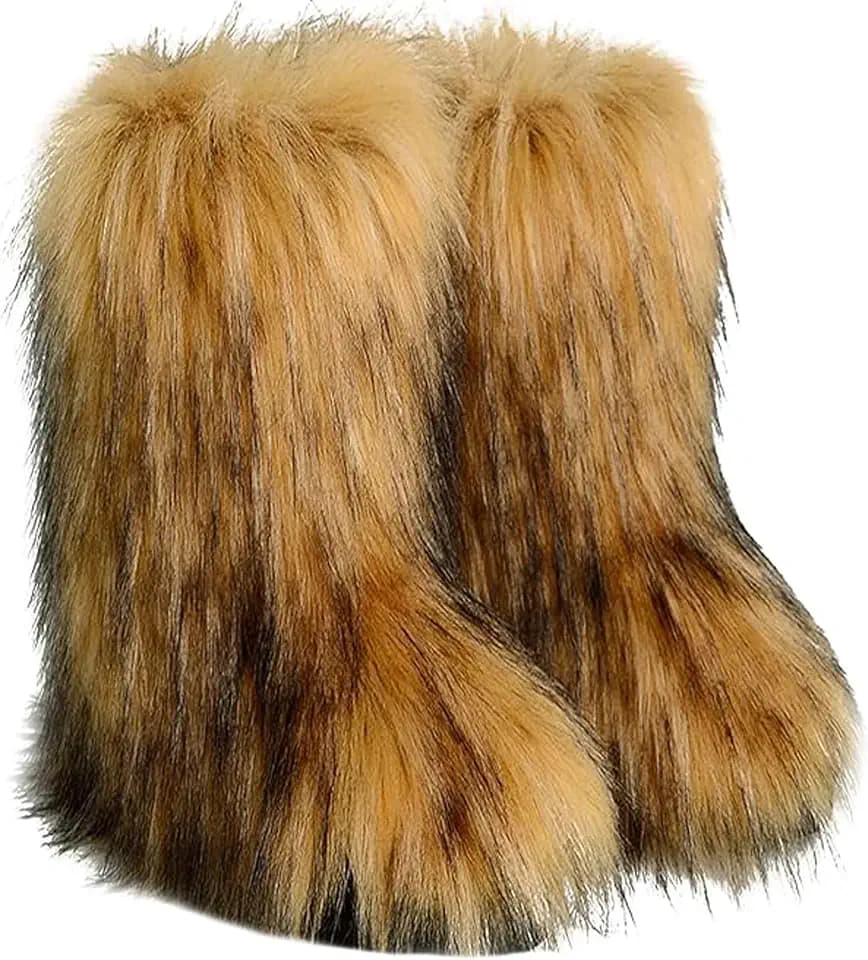 Fluffy Faux Pelz Schneestiefel für Frauen,pelzige warme Winterstiefel,Mid-Calf Flat
