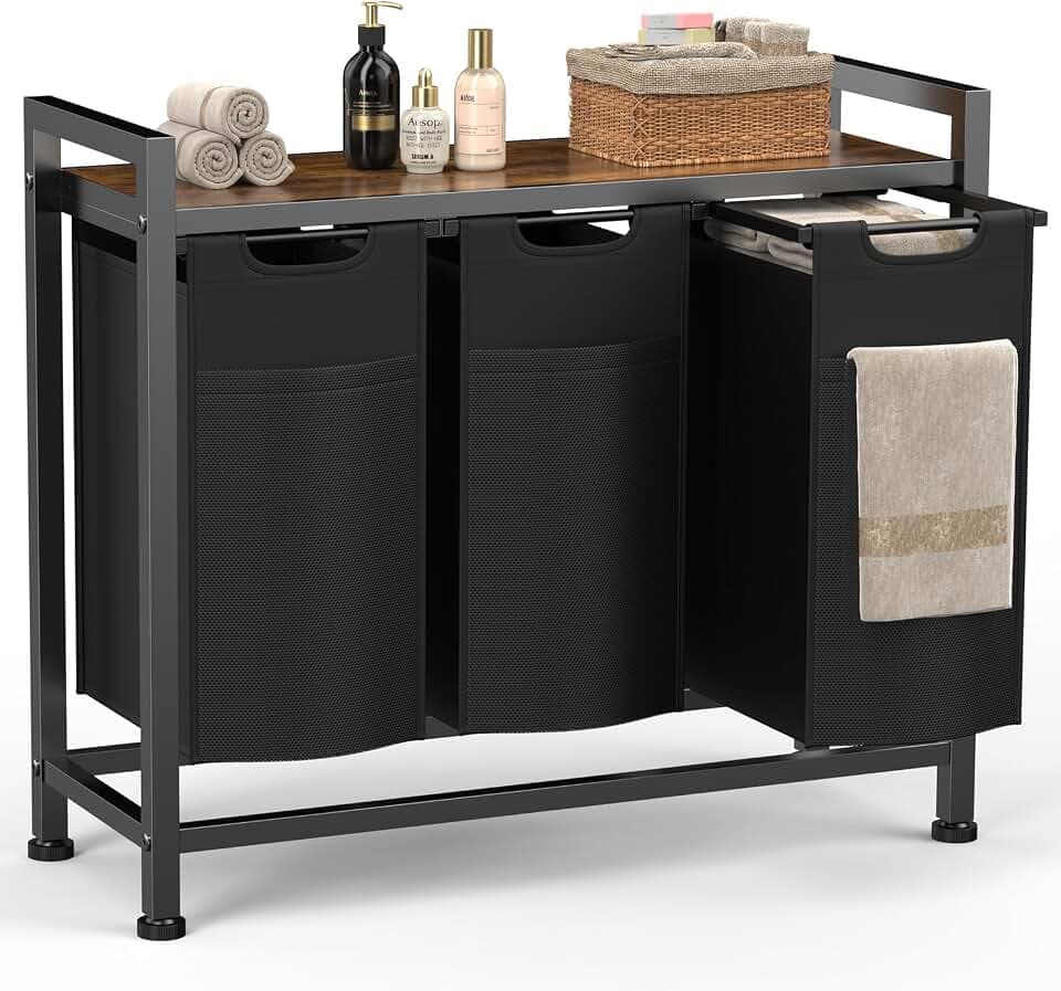 Sweetcrispy Wäschekorb mit Rollen, Wäschesammler 3 Fächer, 120 L, Schwarz