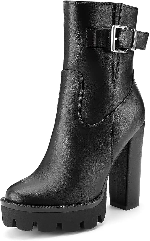 Oh Mispares Women’s Platform Ankle Boots Round Toe Chunky Block Heel Lug Sole Booties Buckle Strap Side Zipper High Heeled Dressy Short Boots