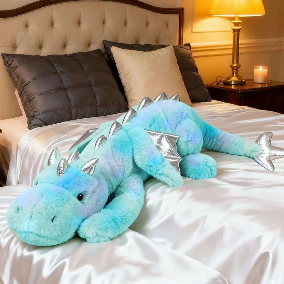 ARELUX Giant 50in Big Colorful Green Dragon Large Stuffed Animals Cute Plush Toy Fuzzy Jumbo Teal Marble Dinosaur Pillow Plushies Cuddly Soft Green Pterosaur Plushie for Friends