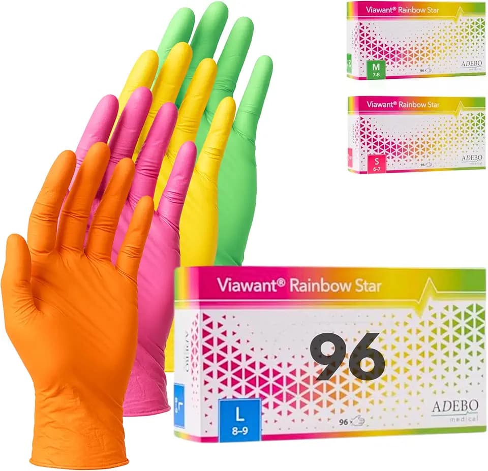 Rainbow Star Einweghandschuhe Bunt 96 Stück | Größe L | Nitrilhandschuhe Puderfrei & Latexfrei | Reißfeste Einmalhandschuhe in Grün, Pink, Gelb & Orange – je 24 Stück