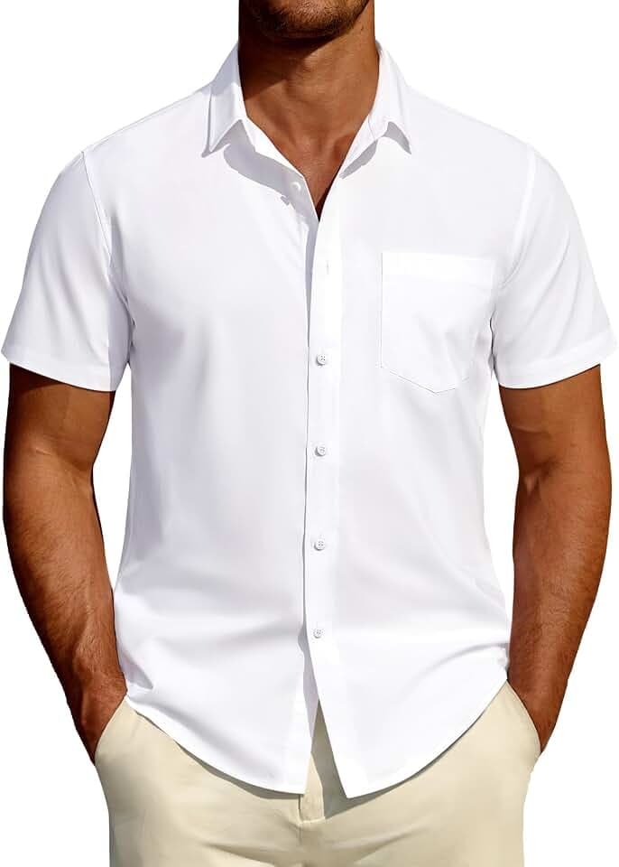 DEMEANOR Kurzärmeliges Herrenhemd, Baumwolle, lässig, Sommer, Hochzeit, einfarbiges Hemd mit Tasche