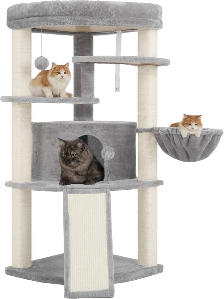 Gitelsnour Eck-Kratzbaum, Katzenbaum für Innenbereich, Mehrstöckiges katzenkratzbaum mit vollständig sisalbezogenen Kratzsäulen, Katzenhöhle, großer Oberplattform, Hängender Katzenkorb, Hellgrau 025W
