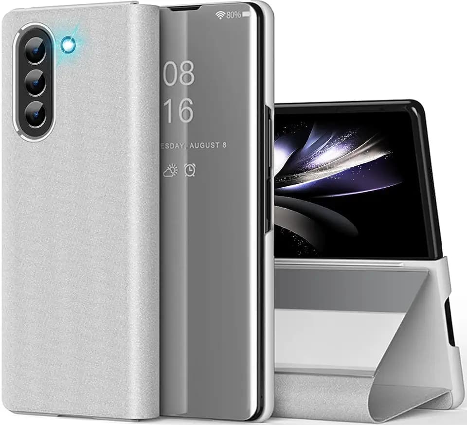 for Samsung Galaxy Z Fold 6 Case Slim Mirror Design Clear View Flip Cover Ultra Slim Protecter Shell with Kickstand Protective Case for Samsung Galaxy Z Fold 6 5G Phone Case (Silver)