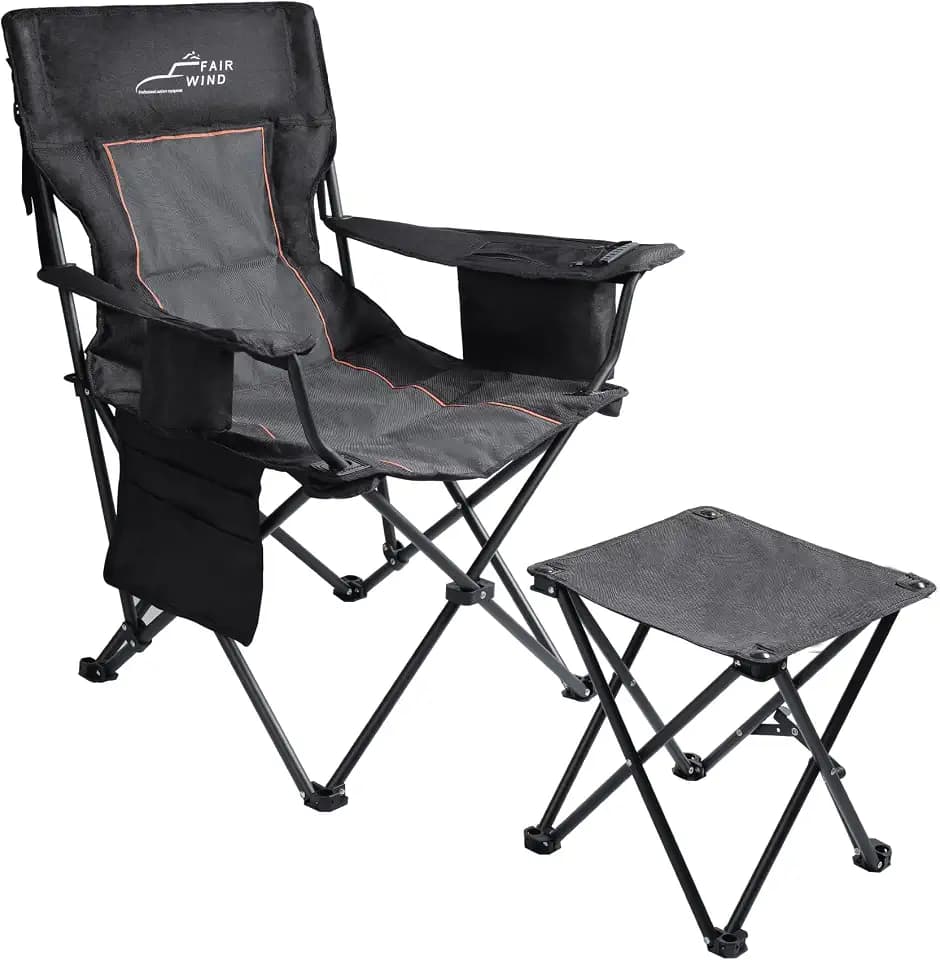 FAIR WIND Oversized Padded Camping Chair with Footrest Stool Set Heavy Duty Support 300 LBS Cooler Bag - Black Grey