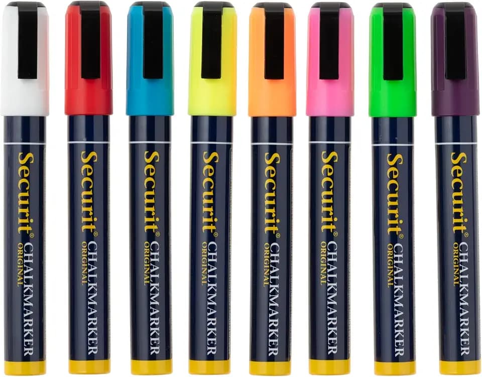 SECURIT - 8er-Set Kreidemarker - Für nicht-poröse Oberflächen (Schwarze Tafel, Glas, Metall, Spiegel...) - Mittelstarke Spitze 2-6 mm - Bunt, 8 Farben