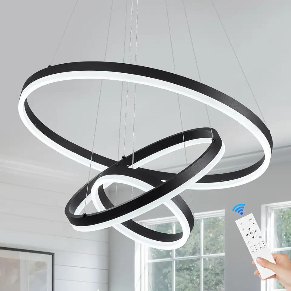 Benkut 3 Rings Modern LED Chandelier Black LED Pendant Light with Remote