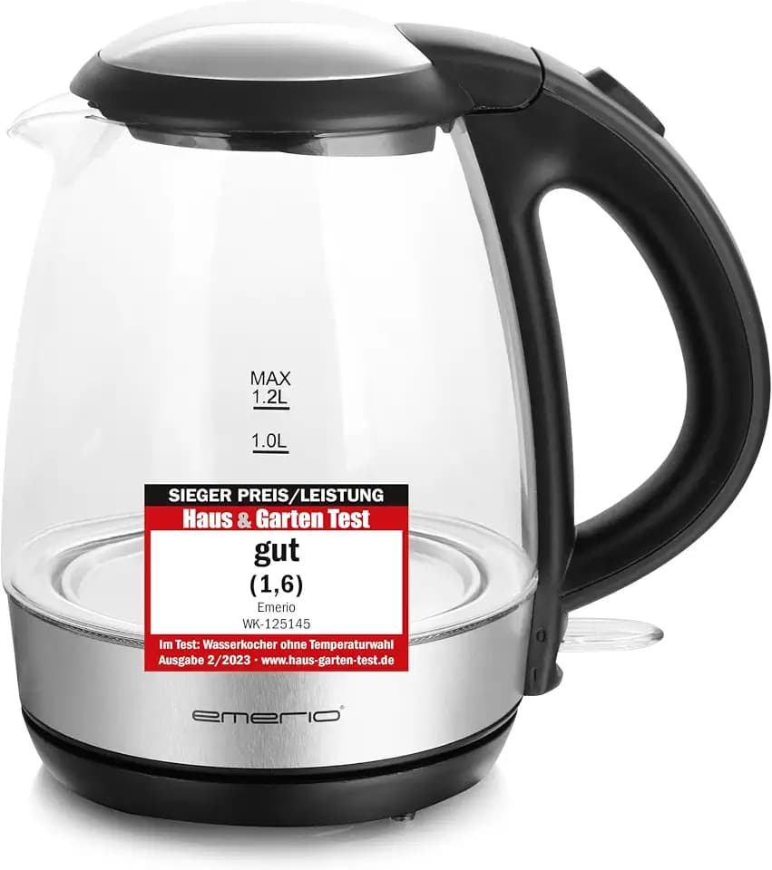 Emerio Glas Wasserkocher, 1.2 Liter, 2200 Watt, LED Innenbeleuchtung, 360° Basis, Borosilikatglas, BPA-frei, Deckelöffnung per Knopfdruck, ideal für Zuhause, Camping oder Büro, WK-125145