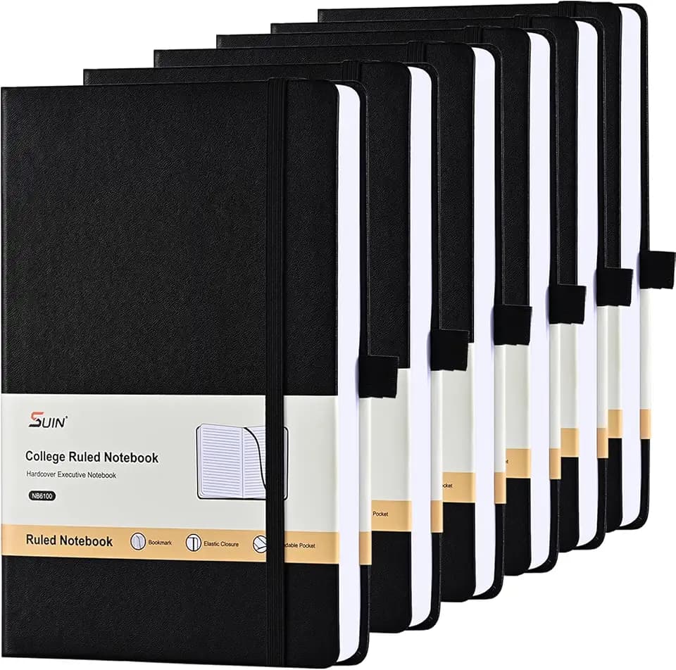 SUIN A5 Lined Journal Notebooks, Faux Leather Hardcover, Black, 6-Pack