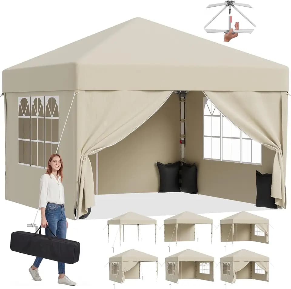 JUMMICO Pop up Pavillon 3x3 wasserdicht stabil Winterfest, One-Touch-Aufbau, Faltpavillon mit Seitenwänden, UV 50+, Shelter ideal für Garten, Innenhof, Camping und Partyzelte. Beige