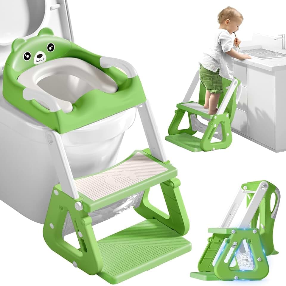 Toilettensitz für Kinder Mit Treppe - 2-in-1 WC Sitz Mit Gepolstertem Sitz, Höhenverstellbar Faltbarer Toiletten Trainer, Rutschfestes Trittbrett