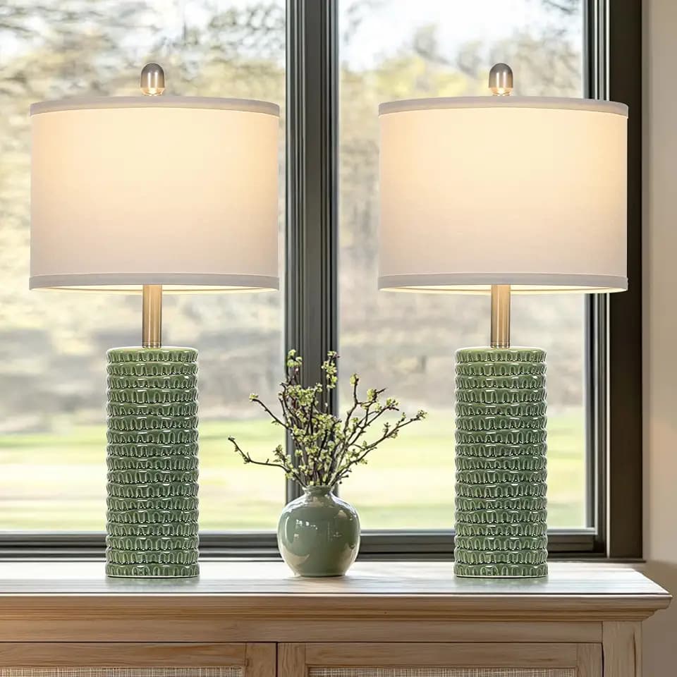 Cinyirong 24.5" Green Ceramic Table Lamps Set of 2, Farmhouse Table Lamps for Living Room, Modern Lamps for Bedroom Night Stands, Traditional Nightstand Desk Lamps(LED Bulbs Included)
