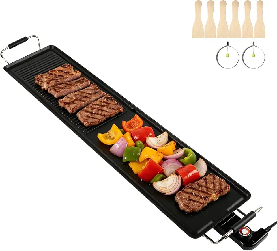 39.5-Inch Electric Griddle & Teppanyaki Grill, 1400W Large Non-Stick Surface, Intelligent Temperature Control, Easy to Clean. Indoor/Outdoor Use for Pancakes, BBQ, Camping & Gatherings
