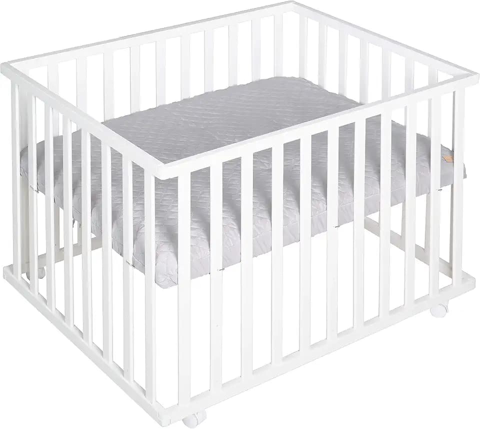 roba Laufgitter 75 x 100 cm - Baby Spielgitter + Einlage roba Style grau - 3-fach höhenverstellbar - Mobiler Laufstall mit Rollen - Holz weiß