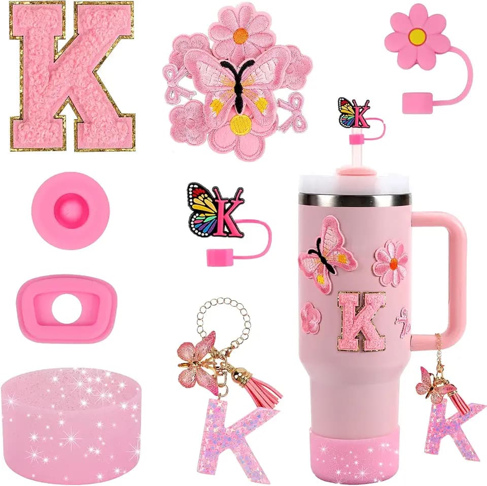 3tyto 15PCS Cup Accessories Set for Stanley Cup 30oz 40oz Tumbler with Handle, Including Silicone Straw Cover and Boot, Spill Proof Stopper, Stanley Charms, Handle Charm, Initials Sticker