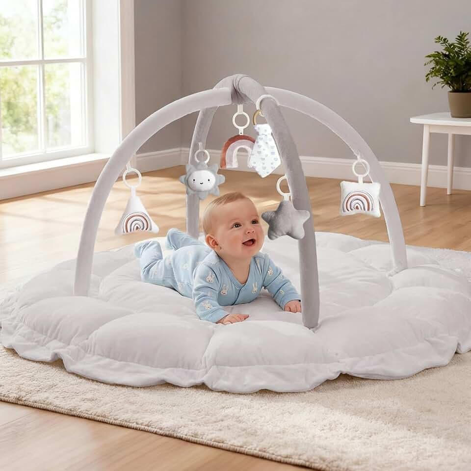 Mallify 5-in-1-Wandelbares Spielbogen Baby mit 6 Spielzeug, Spieldecke mit Bogen & Bällebad, Baby Spielbogen 0-6 Monate, weiche Krabbelmatte Spielmatte, Baby Gym Play Mat für Mädchen, Nebelgrau