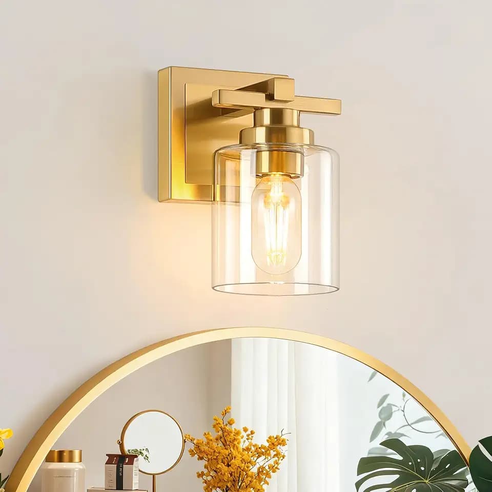 Modern Bathroom Light Fixtures Over Mirror, Vanity Lights for Bathroom Wall Sconces with Clear Glass Shades, E26 Socket (Bulbs Not Included), 1 Light, Brass