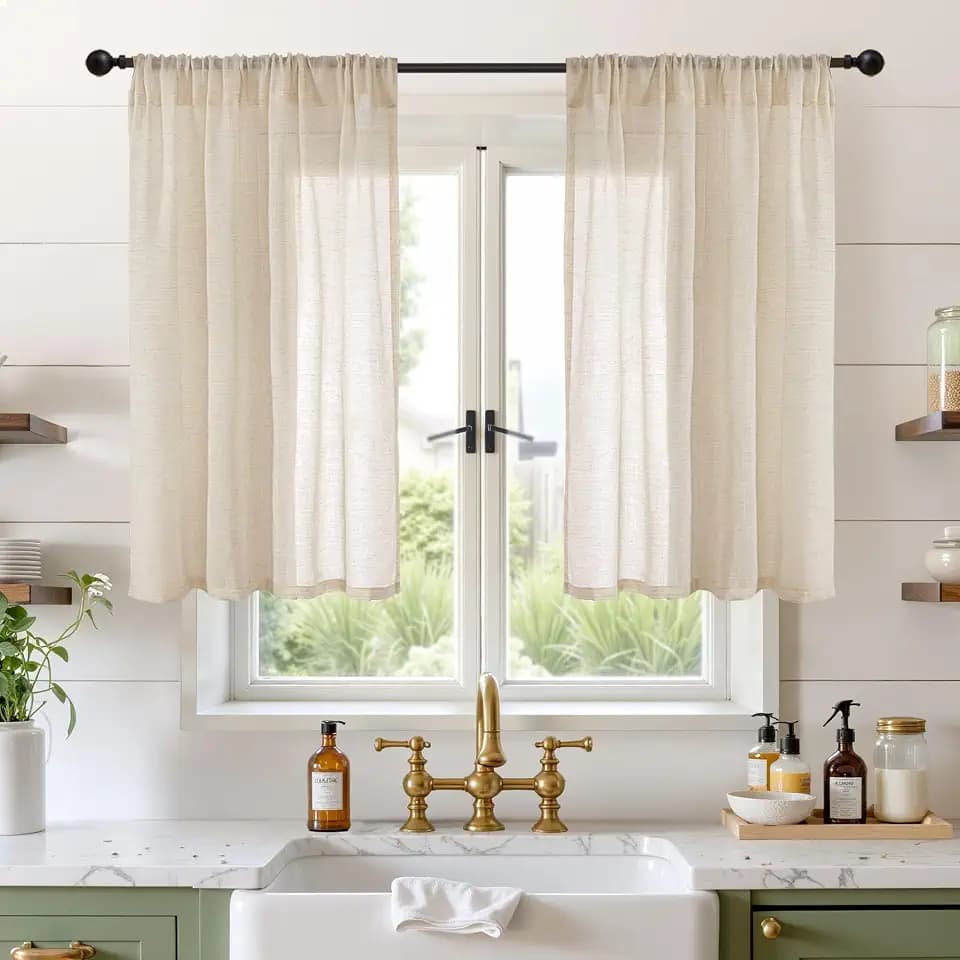 BGment 40 Inch Length Burlap Tan Linen Curtains for Kitchen Window