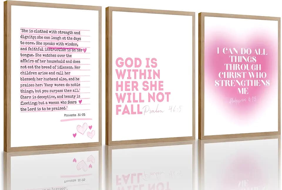 3pcs Pink Bible Verses Wall Art Christian Aesthetic Wall Decor Pictures Preppy Inspirational Scripture Quote Canvas Posters Prints for Girly Bedroom Preppy Religious Decor 16x24in Unframed