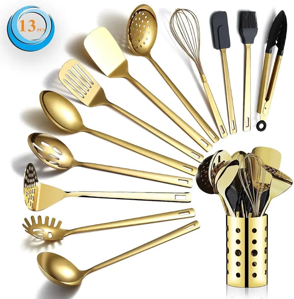 Gold Kochutensilien Set, Berglander Edelstahl 13 Stück Küchenutensilien Set mit Titan Vergoldung, Küchengeräte Set mit Utensilienhalter, spülmaschinenfest, leicht zu reinigen