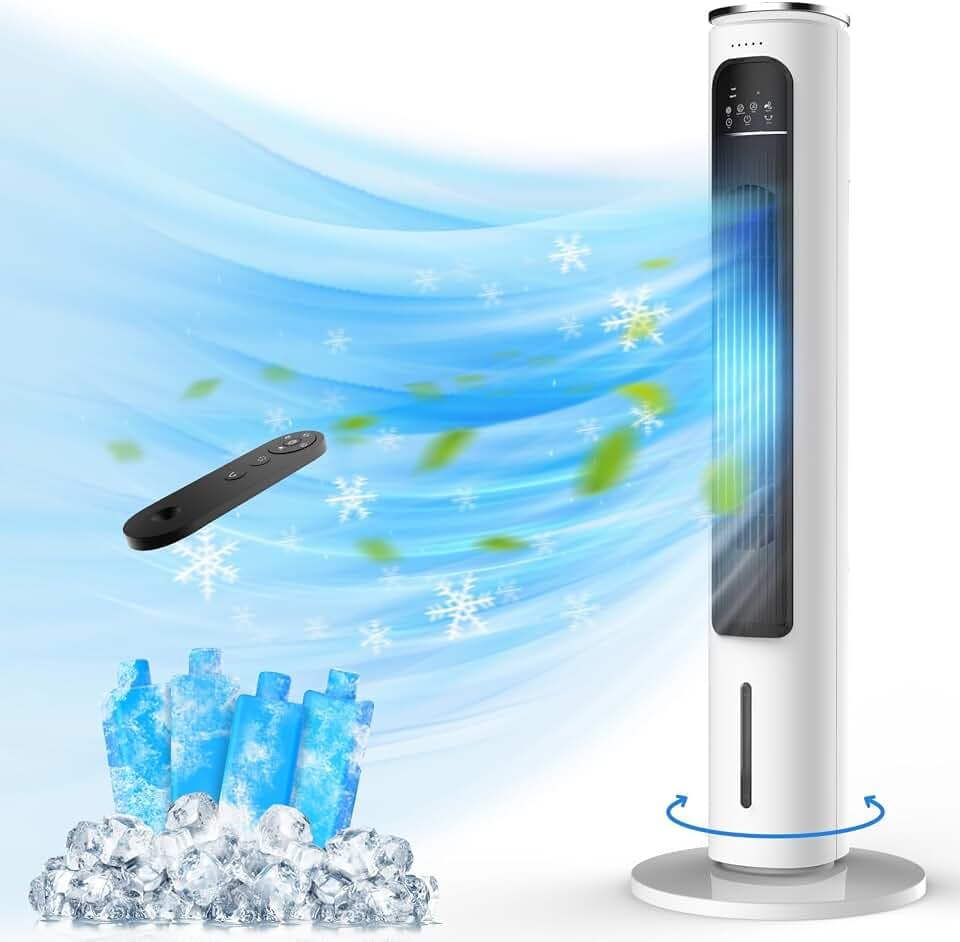 3-IN-1 Portable Air Conditioners Tower Fan, 37'' Evaporative Air Cooler w/Remote, 2.5L Water Tank With 4 Ice Packs, 12H Smart Timer & 70° Oscillating, 3Speeds For Bedroom Living Room Office, White